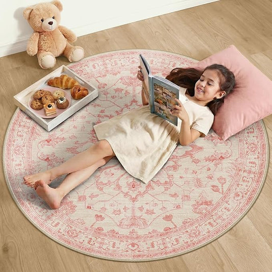 RELEANY Area Rugs Round 4ft Washable Non-Slip, Floral Vintage Distress Print Pattern Medallion Carpet for Living Room Bedroom Dining Room, Pink Light Vintage Pink