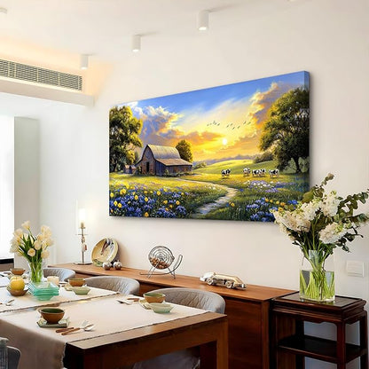 crmotu Farmhouse Wall Art, Landscape Wall Art, Large Wall Decor, Spring Nature Painting Canvas Prints, Rustic Sunset Oversized Artwork, Country Pictures for Living Room Dining Room Cottage Farm 29X57 In