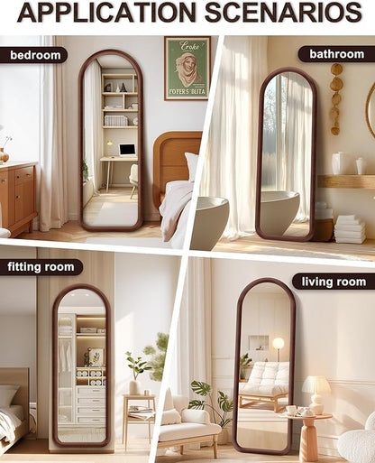 Delma Arched Full Length Mirror, Free Standing Floor Velvet Finish Frame Mirror for Leaning or Hanging, Soft Touch Bedroom & Living Room Decor, Brown