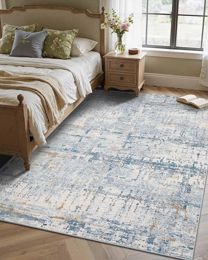 Rugxara 4x6 Rug for Living Room Bedroom, Grey Washable Throw Rugs, Abstract Area Rugs, Non Slip & Low Pile Accent Carpet for Indoor Dining Room, Kids Room and Office(Blue Beige)