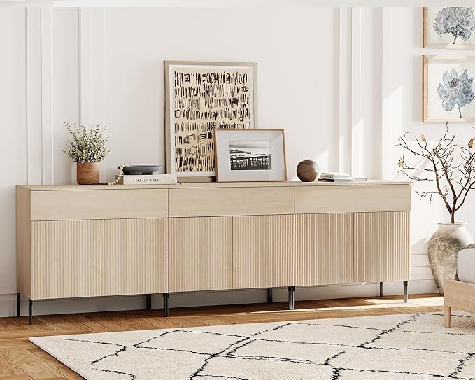 WAMPAT Fluted TV Stand TVs up to 100 inch, 94.5" W Modern TV Entertainment Center with Storage Cabinets and 3 Drawers & 6 Doors, Wood Media TV Console Table with Storage for Living Room, Beige