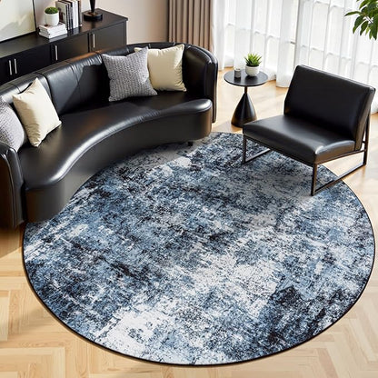 Rugflix Round Area Rugs 6Ft for Living Room, Washable Circle Rug Stain-Resistant Low Pile, Modern Dark Carpet for Bedroom Dining Room Home Office Kid Nursery Room, Navy Blue/Black