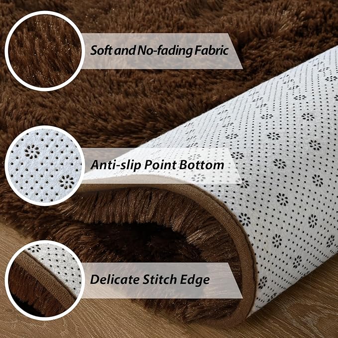 Andecor Shag Area Rug for Living Room, 4x6 Feet Coffee Soft Fluffy Indoor Plush Throw Rugs for Bedroom Girls Kids Room Nursery Dorm Home Decor Carpet