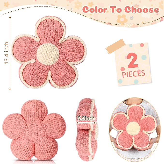 Beeveer 2 Pcs Flower Pillows, 13.8 Inch Throw Pillow for Home Decor, Cute Flower Decorative Pillows Seating Cushion for Sofa Couch Bed Chair Room Decor(Pink)
