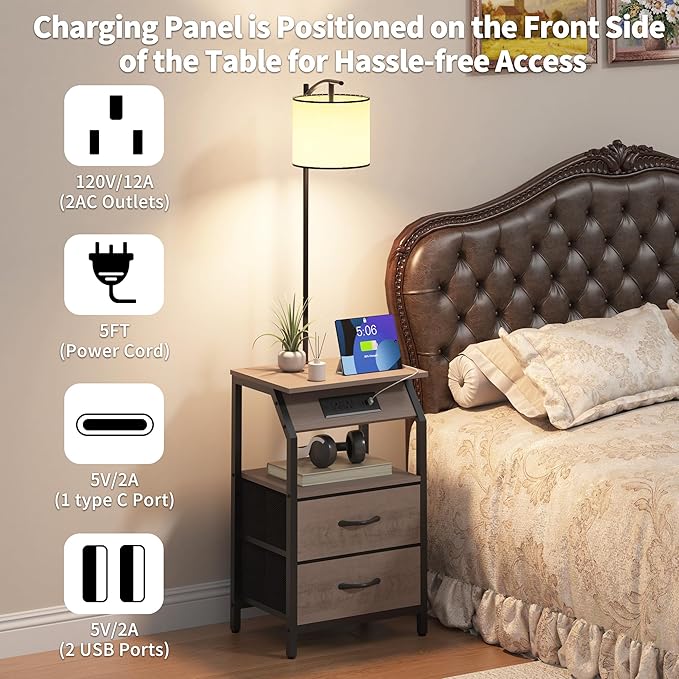 End Table with Floor Lamp, Nightstand with Charging Station, Floor Lamp Table with 3-Color Temperature Bulb, Bedside Table Night Stand with 2 Drawers for Bedroom, Living Room, Greige