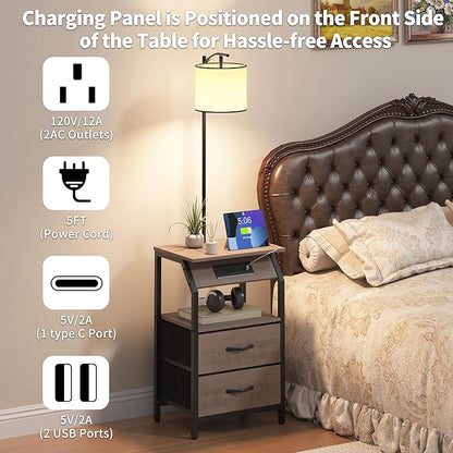 End Table with Floor Lamp, Nightstand with Charging Station, Floor Lamp Table with 3-Color Temperature Bulb, Bedside Table Night Stand with 2 Drawers for Bedroom, Living Room, Greige
