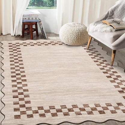 Small Bedroom Area Rug 3x5 Checkered Area Rug for Living Room Nursery Non Slip Kitchen Throw Carpet Low Pile Modern Bordered Rugs Washable Bathroom Mat Soft Brown Rugs for Laundry Entryway, Beige