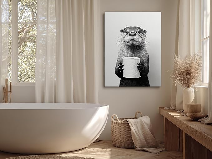 Black and White Bathroom Wall Art Canvas Framed Painting Otter with Toilet Paper Roll Humorous Animal Poster Wall Decor Artwork for Bathroom Guest Bath Decor 16x24 Inches