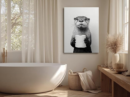 Black and White Bathroom Wall Art Canvas Framed Painting Otter with Toilet Paper Roll Humorous Animal Poster Wall Decor Artwork for Bathroom Guest Bath Decor 16x24 Inches