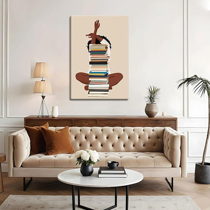 AKWISH Black Girl Canvas Wall Art – African American Wall Decor, Modern Black Woman with Book Art for Bedroom Living Room – Framed 36x24 inch