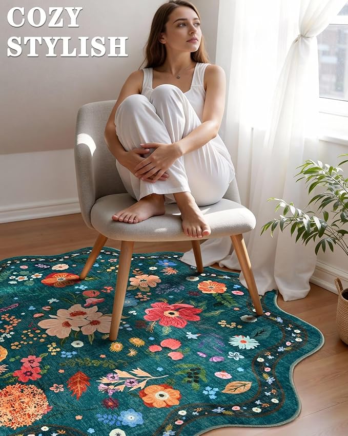 Macgace Dark Green Round Rug for Girls Bedroom, 4ft Machine Washable Floral Area Rugs with Non Slip Backing, Cute Flower Carpet Kitchen Living Room Kids Playroom Decor