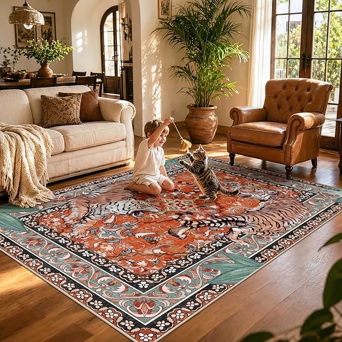 Tiger Washable Rugs for Living Room 4x6Ft, Boho Jungle Bedroom Area Rugs, Thin Botanical Entryway Nursery Area Floor Carpets for Dorm Dining Room Kids Playroom Study Farmhouse, Rust Red