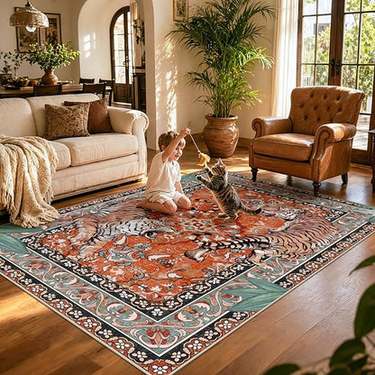 Tiger Washable Rugs for Living Room 4x6Ft, Boho Jungle Bedroom Area Rugs, Thin Botanical Entryway Nursery Area Floor Carpets for Dorm Dining Room Kids Playroom Study Farmhouse, Rust Red