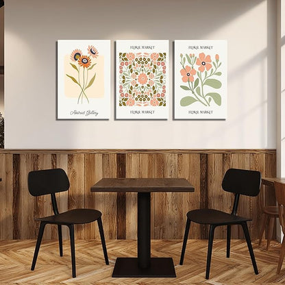 SKYRISE 3 PCS Boho Floral Canvas Wall Art, Rustic Botanical Canvas Paintings Prints ArtWork for Living Room, Vintage Flower Pictures for Farmhouse Dining Room Hallway Bedroom Wall Decor 16"x24"