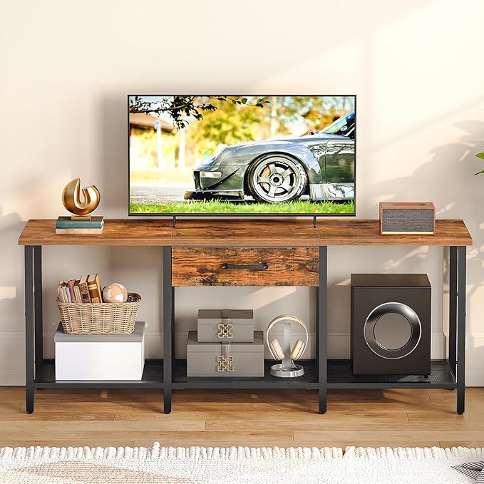 HOOBRO TV Stand for TVs up to 55 Inch, Entertainment Center with Fabric Drawer & Open Shelves, Industrial TV Media Console Table with Storage, for Living Room, Bedroom, Rustic Brown BF125DS01