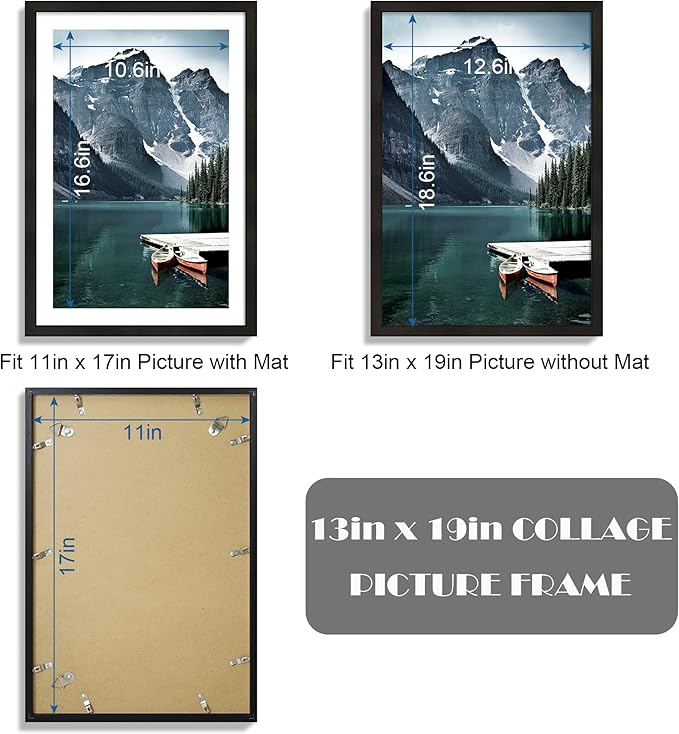 Hongkee 13x19 Picture Frame Set of 3 - Display 11x17 Photo with Mat or 13 x 19 Poster without Mat, Wall Mounting Horizontal and Vertical, Black