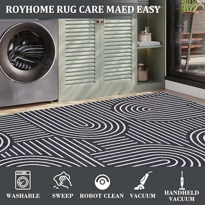 ROYHOME Modern Rug 2x6 Runners for Hallways, Abstract Kitchen Runner Rugs Non Slip Bath Runner, Rainbow Washable Runner Rug for Bedroom, Soft Long Rugs for Entryway Bathroom Laundry Dorm, Black