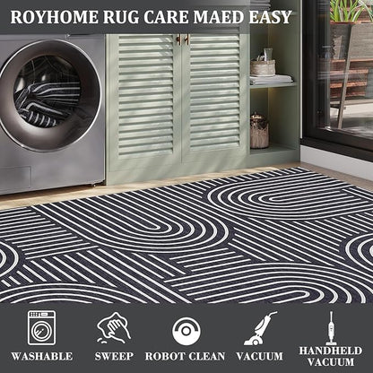ROYHOME Washable Rug 3x5 Area Rugs for Living Room, Abstract Rug for Bedroom, Soft Rainbow Non Slip Throw Rugs with Rubber Back, Low Pile Stain Resistant Boho Geometric Carpet for Dining Room, Black