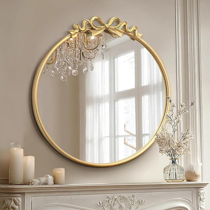 Besdomus Vintage Gold Mirror: 27" Bow Round Wall Mounted Mirror - Baroque Traditional Ornate for Entryway/Fireplace/Bathroom/Hallway - Home Decor for Fashion-Conscious