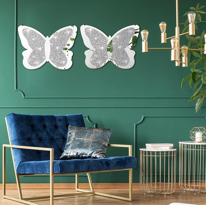 Vesici 2 Pieces Butterfly Shaped Mirror Crystal Crushed Diamond Silver Mirror Silver Wall Decor for Living Room Modern Decorative Artwork for Nursery Wedding Decor(19.69 x 14.57 Inch)