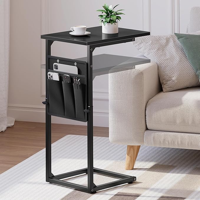 Vagusicc C-Shaped End Table, Small Side Table for Couch, Sofa Table Adjustable Height End Tables Living Room, Bedside Slide Under Couch Table for Sofa, TV Tray Table with Metal Frame for Bedroom,Black