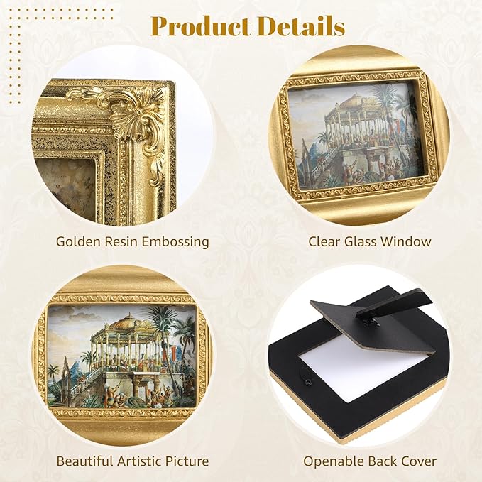4 Styles Vintage Picture Frames, Small Golden Picture Frames, 4 Sizes Picture Frame 5.5''x4.6''/4.7''x4.7''/5.9''x7.7''/4.5''x5.4'',Collage Wall Mount & Tabletop Photo Display for Gallery Home Decor (Pack of 4)