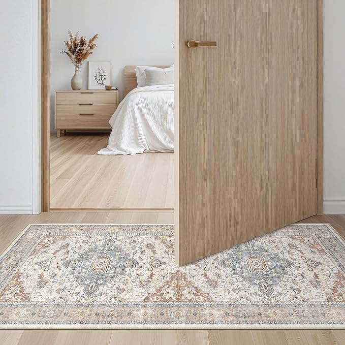 2x4 Rug Washable Runner Rug: Small Vintage Neutral Non-Slip Soft Accent Doormat Stain Resistant Floor Throw Mat for Entryway Kitchen Bedroom Nursery Entry Dorm- Beige Blue
