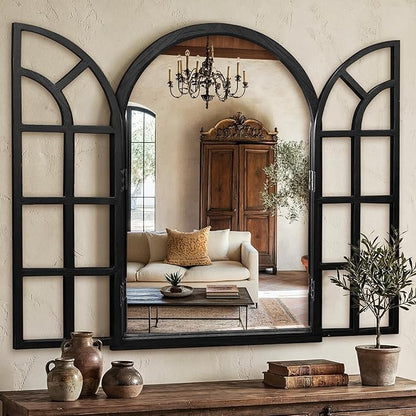 TRAHOME Arched Windowpane Mirror, 24"x36" Black Wood Frame Rustic Farmhouse Wall Mirror, Vintage Decorative Window Mirror for Living Room, Entryway, Bathroom