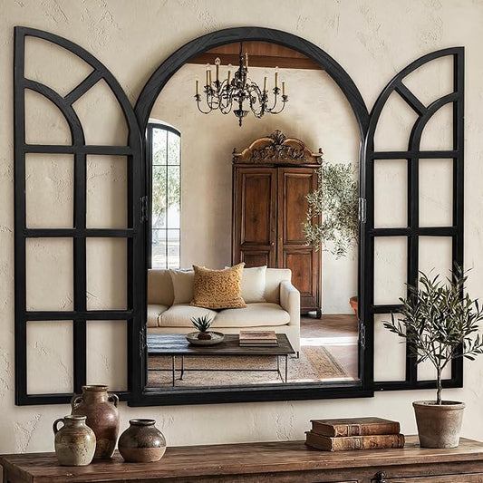 TRAHOME Arched Windowpane Mirror, 24"x36" Black Wood Frame Rustic Farmhouse Wall Mirror, Vintage Decorative Window Mirror for Living Room, Entryway, Bathroom