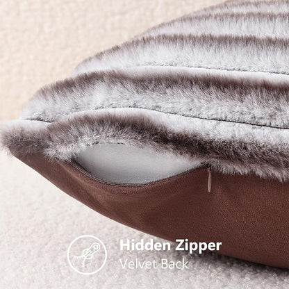 decorUhome Cozy Faux Fur Throw Pillow Covers 18x18 Set of 2 Decorative Soft Plush Striped Modern Farmhouse Boho Couch Pillow Cases with Velvet Back for Sofa Bed Living Room, Brown White