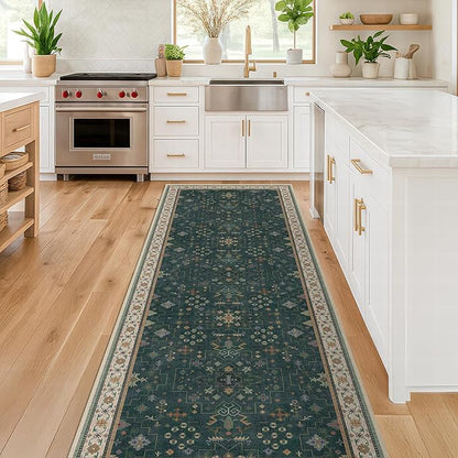 Hazo Haus Dark Green Hallway Runner Rug 12 ft Long - Modern Vintage Boho Eclectic Floral with Brown Accent, Washable Low Pile Non-Slip Extra Long Wide Runner Rugs for Kitchen, 3x12