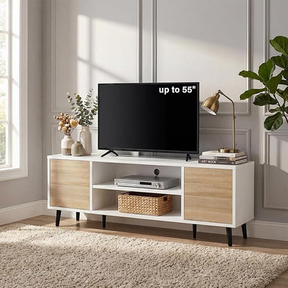 YESHOMY Mid-Century Modern TV Stand for 43-55 Inch TVs, 50 Inch Entertainment Center with Storage, Media Console with Push-to-Open Doors and Cable Management for Living Room, Bedroom (White and Beige)