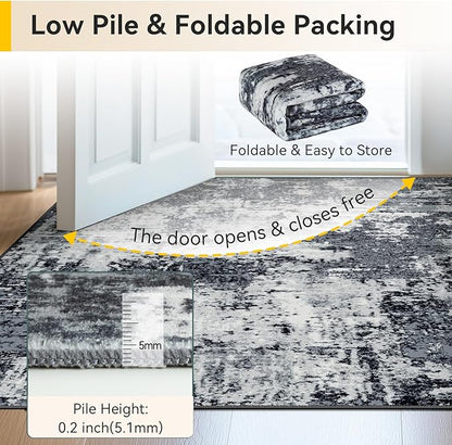 RELEANY Washable Area Rugs 9'x12' Non-Slip Modern Abstract Soft for Living Room Entryway Bedroom Nursery, Print Pattern, Black Navy Blue Gray