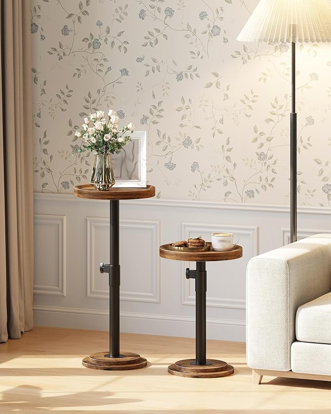 CHOEZON Height Adjustable Drink Table, Small Round Side Table, Pedestal Martini Table with Thickened Base, for Small Space, Sofa, Couch, Living Room, Bedroom, Rustic Brown and Black TBZ31BF