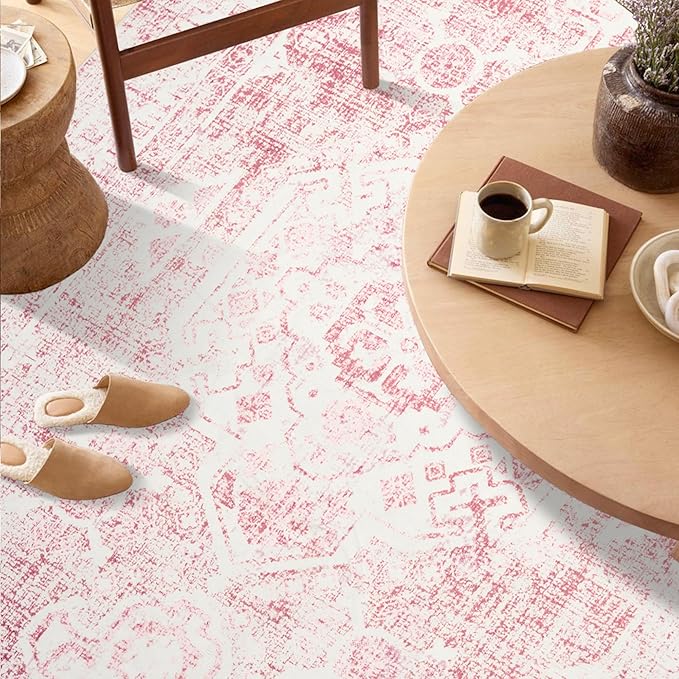 Sofrug Area Rug - 3x5 Washable Pink Rug Honeycomb Non Slip Retro Rugs Soft Faux Wool Carpet Foldable & Machine Washable Rugs for Living Room Bedroom Dining Room Kitchen