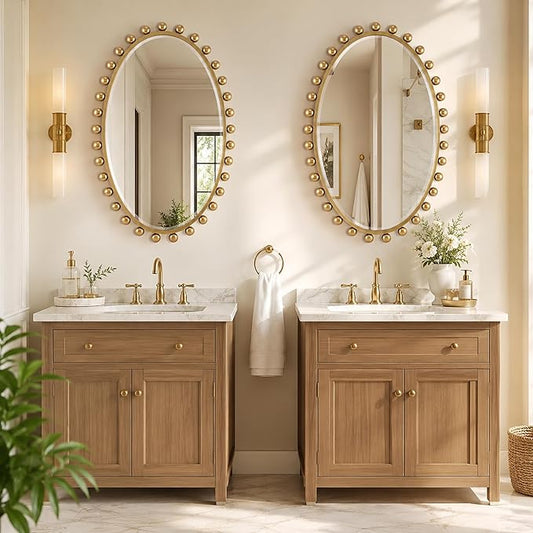 24"x36"Oval Wall Mounted Bathroom Mirror with Beveled Glass, Antique Gold Beaded Ball Frame, Vertical & Horizontal Hanging Vanity Wall Mirror for Bathroom, Bedroom, Entryway, Dressing Room