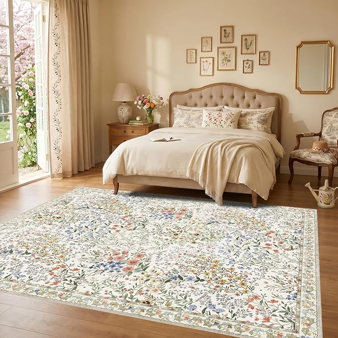 Washable Living Room Area Rug: 8x10 Bedroom Rugs - Farmhouse Distressed Printed Floral Carpet - Foldable Non-Shedding Floor Carpet for Dining Room 8'x10' Beige