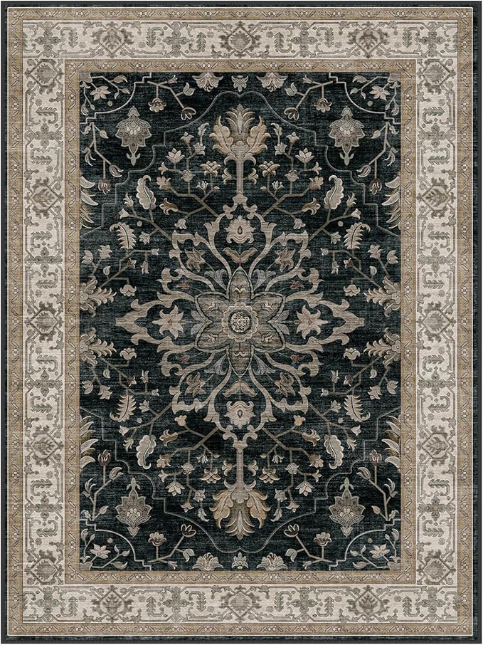 RELEANY Area Rugs Square 8ft Washable Non-Slip, Floral Vintage Distress Print Pattern Medallion Carpet for Living Room Bedroom Dining Room, Vintage Black Brown Neutral