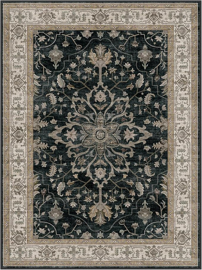 RELEANY Area Rugs Square 8ft Washable Non-Slip, Floral Vintage Distress Print Pattern Medallion Carpet for Living Room Bedroom Dining Room, Vintage Black Brown Neutral