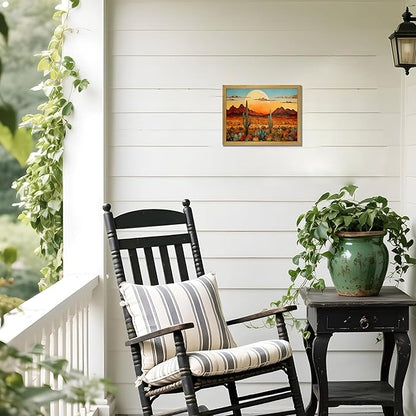 Framed Western Desert Sunset Cactus Wall Art, Vintage Southwest Nature Landscape Canvas Print, Rustic Wall Decor Picture, Boho Mexican Oil Painting for Living Room Bedroom Office bathroom 8x10 Inch