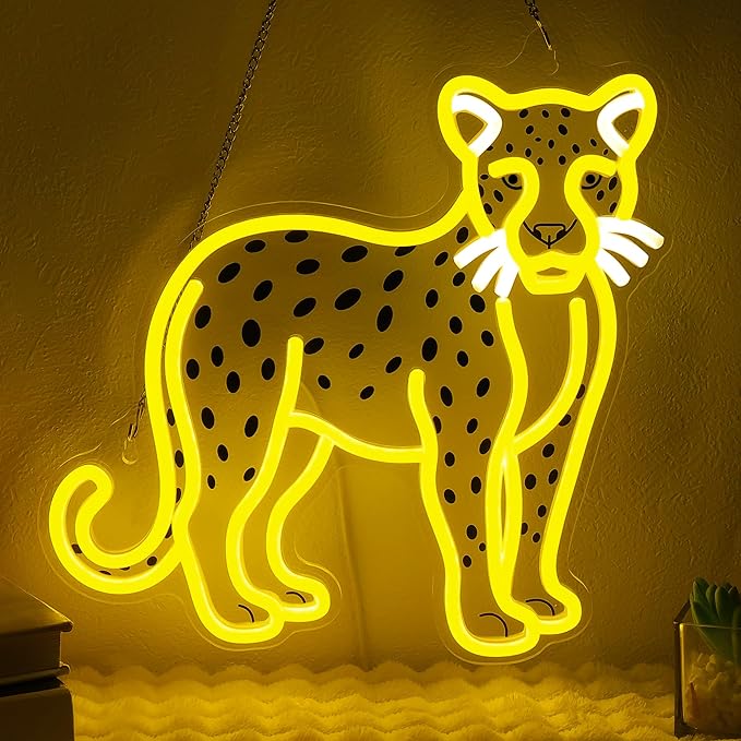 OkiyiD Cheetah Neon Sign, Cheetah Wall Art Decor Gifts with USB Power Wild Animal Themed Decor for Bedroom, Office, Game Room and Bar, Creates Vibrant Jungle Safari Ambient Lighting