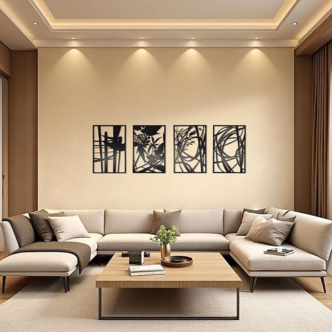 AIM & GGKK 4-Pack Minimalist Metal Wall Art Decor - Rustproof Abstract Line Decor for Bathroom, Living Room & Bedroom - Lightweight & Easy-to-Hang Modern Gallery Set for Empty Walls (17"x12", Black)