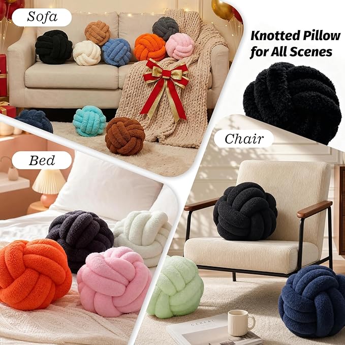 Knot Pillow Ball Plush - Decorative Throw Pillows for Bed Relieve Stress, Round Knot Cushion for Sofa Decor Pet Toy, Black 8 inch
