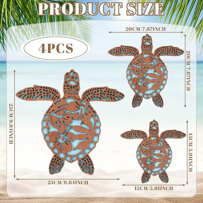Tatuo 4 Pcs Wooden Sea Turtle Wall Decor Summer Ocean Turtle Wall Art Beach Theme Vintage Coastal Hanging Decoration for Home Lake House Bathroom