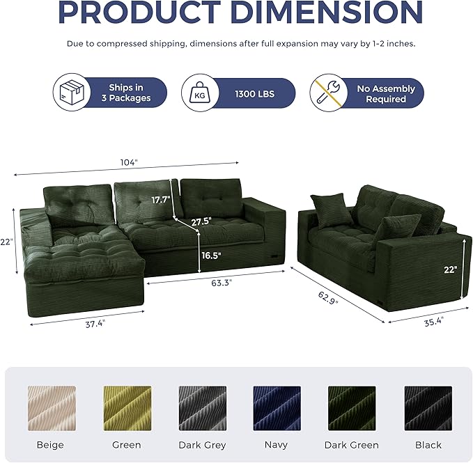 MAXYOYO Modular Sectional Sofa with Ottoman and Loveseat, Cloud Boneless Couch with Layered Cushion, Flexible Module Combination Sofa for Living Room, No Assembly Required,Dark Green