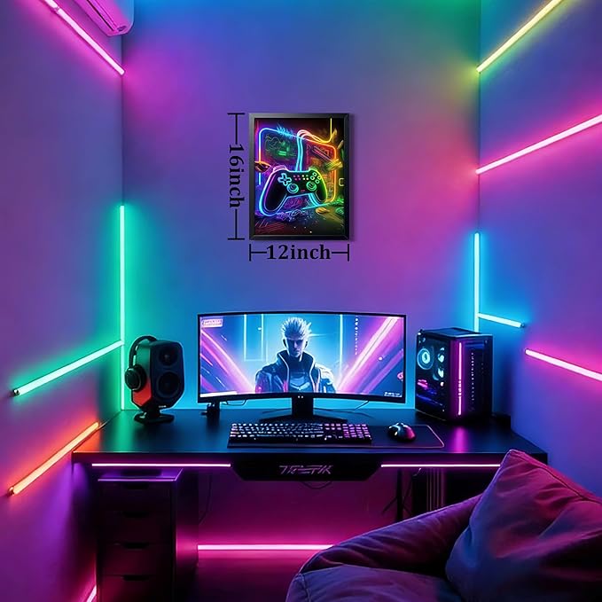 Boys Room Game Wall Decor Wall Decor, Neon Gaming Accessories Theme Wall Art, Colorful Neon Gamepad Canvas Painting Prints for Children Youth Boys Bedroom Decor 12x16 Inch Framed