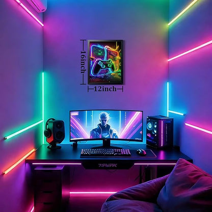 Boys Room Game Wall Decor Wall Decor, Neon Gaming Accessories Theme Wall Art, Colorful Neon Gamepad Canvas Painting Prints for Children Youth Boys Bedroom Decor 12x16 Inch Framed