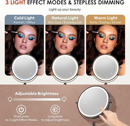 IMIKONA 9" Wall Mounted Lighted Makeup Mirror,4000mAh Rechargeable Double Sided 1X/10X Magnifying Mirror with Light,3 Color Lights,Touch Dimmable,Extended Arm 360 Rotation Wall Mounted Makeup Mirror