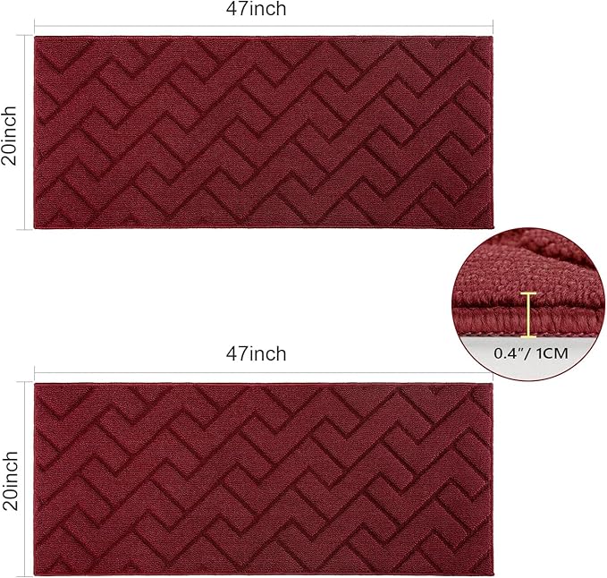 hicorfe Kitchen Runner Rugs and Mats Sets,2 Pieces Absorbent Non-Slip Kitchen Rug,Comfort Kitchen Mat for Floor,Washable for Kitchen,Hallway,Office,Sink,Laundry(20"x48"+20"x48",Red)