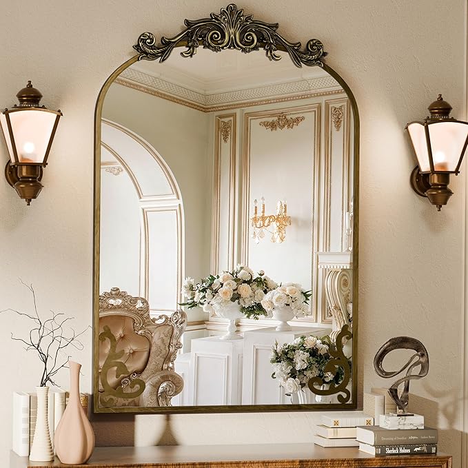 Koonmi Vintage Mirror, 30x40 Antique Decorative Mirrors with Flower Head, Bronze Ornate Mirror for Wall, Tempered Glass, Baroque Mirrors for Bathroom Living Room Fireplace Entryway